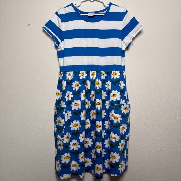 Hanna Andersson Mixie Dress 10 Daisy Blue White Stripe Patchwork  Pockets 140cm - Picture 1 of 8